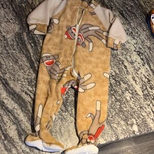 Cozy Tan Sock Monkey Fleece One-Piece for Kids